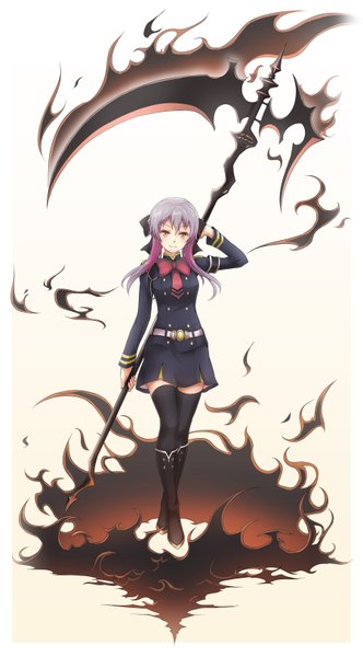 Anime picture 1800x3250 with owari no seraph wit studio hiiragi shinoa asakurashinji single long hair tall image looking at viewer fringe highres simple background standing purple hair orange eyes arm behind head framed girl thighhighs bow weapon