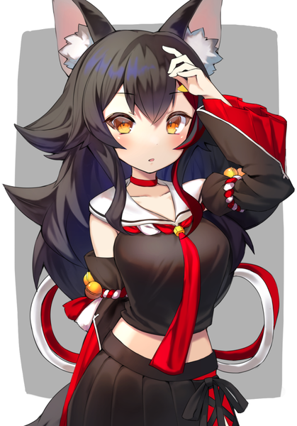 Anime picture 816x1168 with virtual youtuber hololive ookami mio ookami mio (1st costume) nerutora single long hair tall image blush black hair simple background animal ears yellow eyes arm up grey background border outside border wolf ears girl skirt