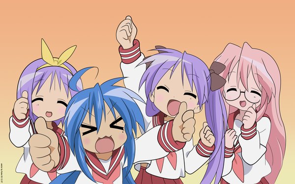 Anime picture 1920x1200 with lucky star kyoto animation izumi konata hiiragi kagami hiiragi tsukasa takara miyuki highres wide image thumbs up girl