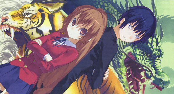 Anime picture 2213x1200 with toradora j.c. staff aisaka taiga takasu ryuuji yasu highres wide image scan serafuku dragon tiger