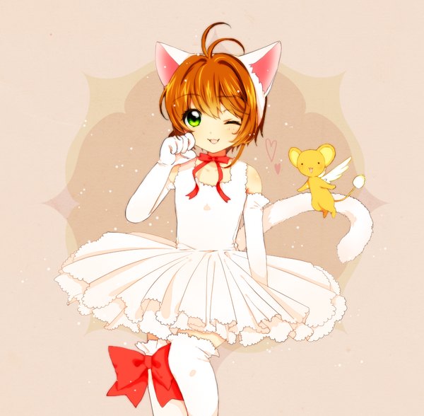 Anime picture 1020x1000 with card captor sakura clamp kinomoto sakura kero (cardcaptor sakura) mokku (ak0207) single blush short hair open mouth green eyes animal ears ahoge tail animal tail one eye closed wink orange hair loli girl thighhighs