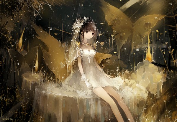 Anime picture 1000x690 with original asahiro single long hair looking at viewer brown hair sitting brown eyes signed wedding girl dress gloves plant (plants) white gloves white dress insect butterfly tiara wedding dress