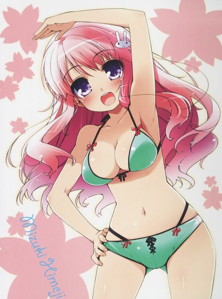 Anime picture 1578x2123 with baka to test to shoukanjuu silver link himeji mizuki haga yui single long hair tall image blush breasts open mouth light erotic purple eyes pink hair cherry blossoms outstretched arm happy girl navel hair ornament ribbon (ribbons)