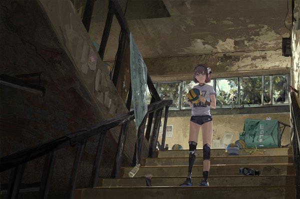 Anime picture 2000x1333 with original paindude single fringe highres short hair brown hair standing holding looking away full body indoors parted lips grey eyes ruins mechanical parts abandoned girl uniform choker