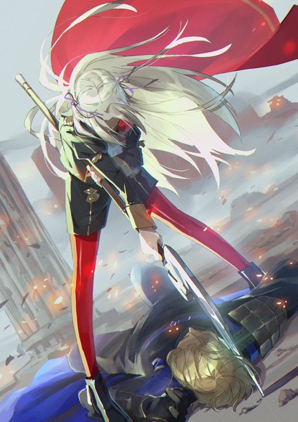 Anime picture 1300x1839 with fire emblem fire emblem: three houses nintendo edelgard von hresvelg dimitri alexandre blaiddyd pom (soupy) long hair tall image short hair blonde hair standing holding outdoors white hair lying long sleeves wind on back leaning dutch angle
