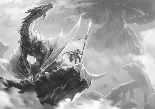 Anime picture 3508x2480 with original okuto single highres standing holding absurdres sky cloud (clouds) full body outdoors monochrome smoke fantasy warrior boy weapon armor dragon spear