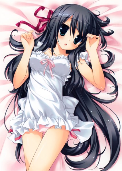 Anime picture 5058x7094 with koiiro soramoyou (game) kanou kayoko lucie single long hair tall image blush highres blue eyes light erotic black hair absurdres pantyshot girl ribbon (ribbons) hair ribbon sundress