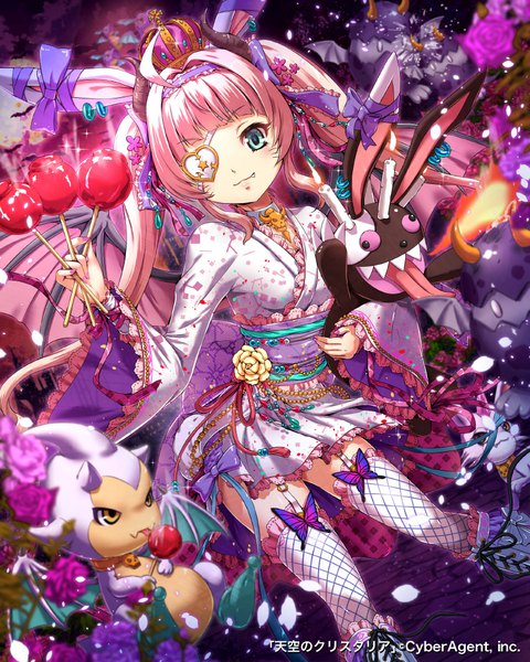 Anime picture 800x1000 with tenkuu no crystalia sakiyamama single long hair tall image looking at viewer blush fringe blue eyes standing twintails holding animal ears pink hair ahoge outdoors blunt bangs nail polish traditional clothes japanese clothes