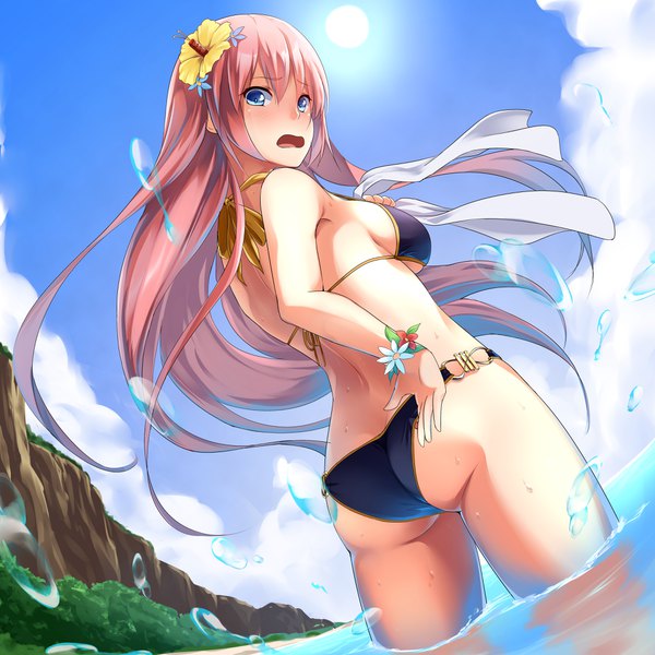 Anime picture 4092x4092 with vocaloid megurine luka bit (keikou syrup) single long hair fringe highres breasts open mouth blue eyes light erotic hair between eyes pink hair absurdres sky cloud (clouds) ass looking back hair flower beach