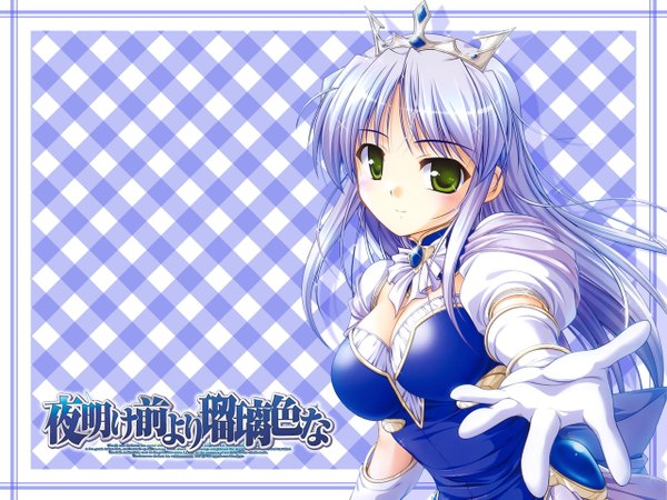 Anime picture 1280x960 with yoake mae yori ruri iro na august soft feena fam earthlight single long hair looking at viewer fringe breasts simple background smile green eyes cleavage purple hair head tilt short sleeves wallpaper puffy sleeves outstretched arm girl dress