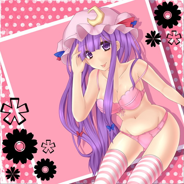 Anime picture 1000x1000 with touhou patchouli knowledge hirasawa yuu long hair looking at viewer light erotic purple eyes purple hair underwear only :p girl thighhighs underwear panties striped thighhighs bonnet