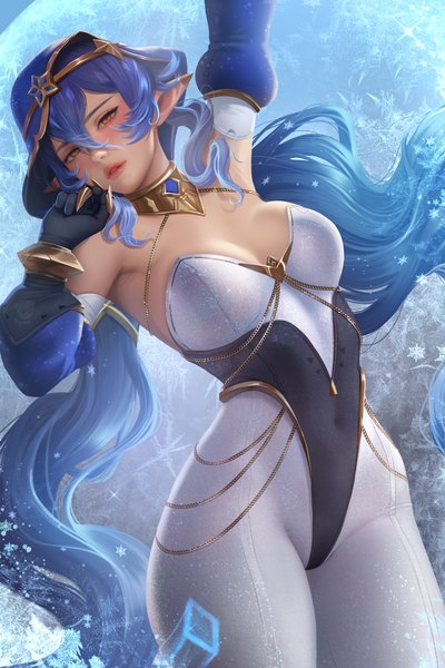 Anime picture 4000x6000 with genshin impact layla (genshin impact) olga narhova single tall image looking at viewer blush fringe highres breasts light erotic hair between eyes large breasts standing brown eyes signed blue hair absurdres very long hair parted lips