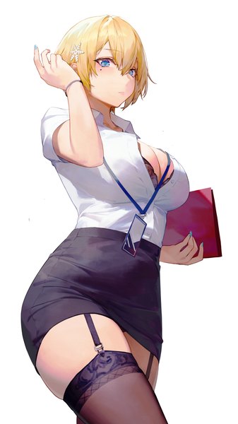 Anime picture 2880x5120 with girls frontline vsk-94 (girls frontline) ren huozhe single tall image looking at viewer fringe highres short hair breasts blue eyes light erotic simple background blonde hair hair between eyes large breasts standing white background holding nail polish