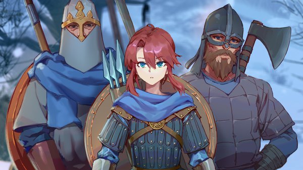 Anime picture 1920x1080 with mount & blade svana (mount & blade) gongxiao zao looking at viewer fringe highres short hair blue eyes hair between eyes brown hair wide image standing payot upper body outdoors red hair parted lips multiple boys snow girl