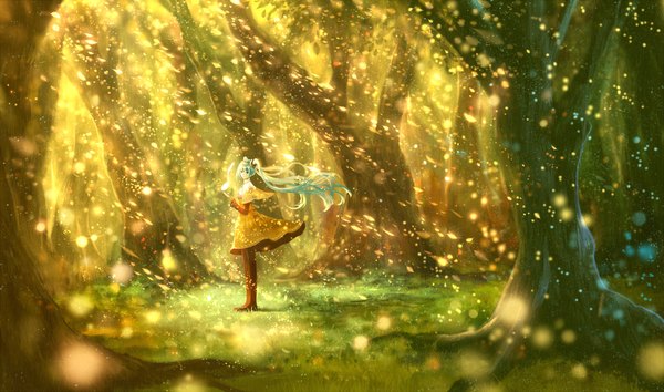 Anime picture 3900x2304 with vocaloid hatsune miku bounin single long hair looking at viewer fringe highres wide image standing twintails absurdres aqua hair alternate costume glow girl dress plant (plants) tree (trees) grass