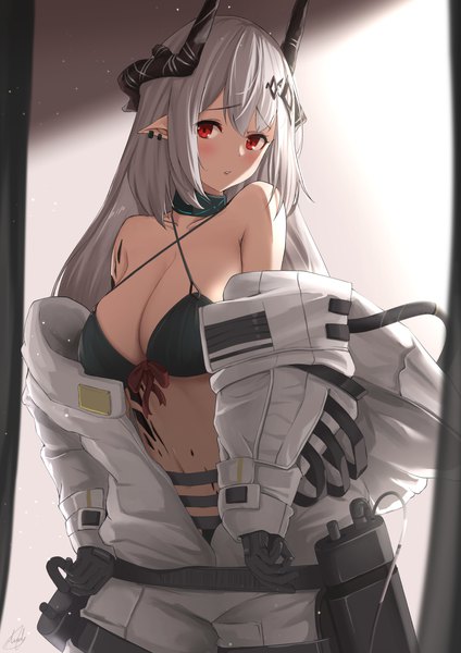 Anime picture 810x1146 with arknights mudrock (arknights) nev (nevblindarts) single long hair tall image looking at viewer blush fringe breasts light erotic red eyes large breasts standing silver hair parted lips head tilt horn (horns) pointy ears off shoulder