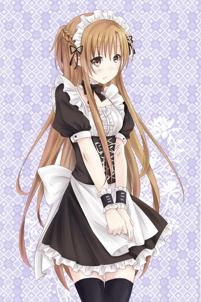 Anime picture 931x1400 with sword art online a-1 pictures yuuki asuna fei miao single long hair tall image blush open mouth brown hair standing brown eyes looking away braid (braids) maid purple background girl thighhighs dress black thighhighs