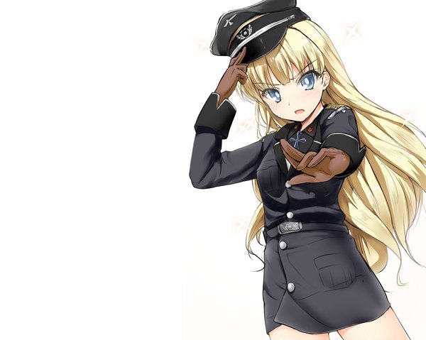 Anime picture 1280x1023 with daiteikoku alicesoft retia adolf tagme (artist) single long hair looking at viewer fringe open mouth blue eyes blonde hair simple background white background nazi girl gloves uniform cross military uniform peaked cap