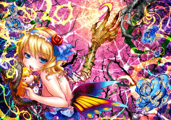 Anime picture 1770x1240 with touhou kirisame marisa alice margatroid inuboe single highres short hair blue eyes blonde hair insect wings butterfly wings girl flower (flowers) wings hairband doll (dolls)