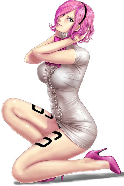 Anime picture 870x1300 with one piece toei animation vinsmoke reiju toten (artist) single tall image looking at viewer fringe short hair breasts blue eyes light erotic smile white background pink hair full body hair over one eye tattoo high heels lipstick