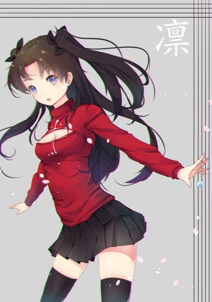 Anime picture 1764x2508 with fate (series) fate/stay night type-moon toosaka rin guaikalong single long hair tall image highres open mouth black hair simple background purple eyes grey background two side up hieroglyph spread arms girl thighhighs black thighhighs