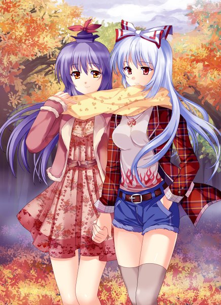 Anime picture 1000x1376 with touhou fujiwara no mokou kamishirasawa keine pico (picollector79) long hair tall image looking at viewer red eyes multiple girls blue hair purple hair outdoors holding hands hand in pocket autumn casual shared scarf girl dress bow