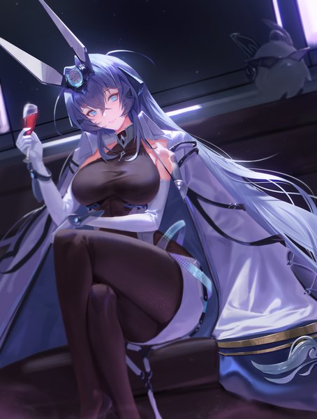 Anime picture 1000x1321 with azur lane manjuu (azur lane) new jersey (azur lane) dongfangzhong111 single tall image looking at viewer fringe breasts blue eyes light erotic hair between eyes large breasts sitting holding blue hair very long hair head tilt arm up light smile