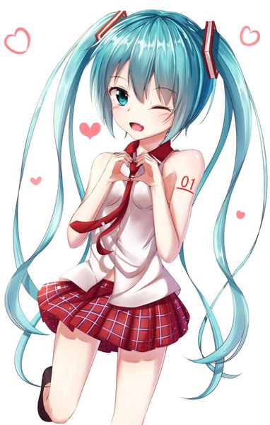 Anime picture 700x1100 with vocaloid hatsune miku akira (pixiv15705933) single long hair tall image looking at viewer blush fringe open mouth simple background hair between eyes white background twintails pleated skirt one eye closed aqua eyes wink aqua hair fang (fangs)