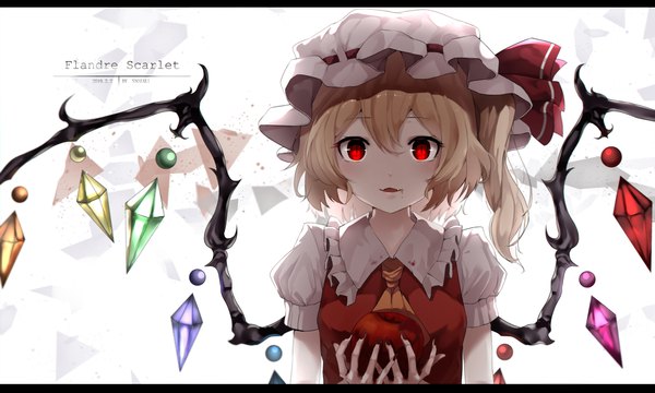 Anime picture 2500x1500 with touhou flandre scarlet snozaki single looking at viewer fringe highres short hair open mouth blonde hair hair between eyes red eyes wide image holding signed upper body nail polish fang (fangs) puffy sleeves character names
