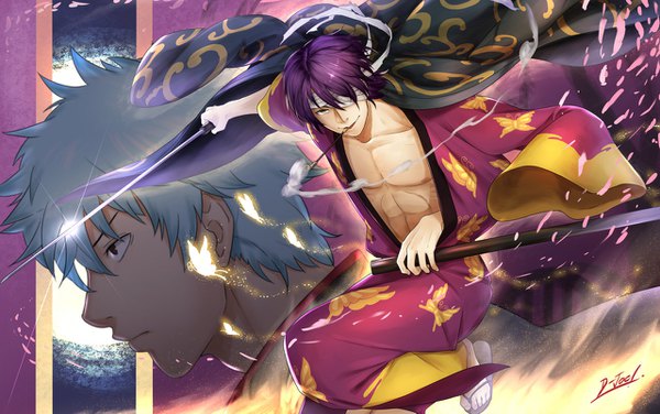 Anime picture 1280x803 with gintama sunrise (studio) sakata gintoki takasugi shinsuke chawanat looking at viewer short hair red eyes holding green eyes signed looking away purple hair traditional clothes japanese clothes profile grey hair wide sleeves multiple boys smoke