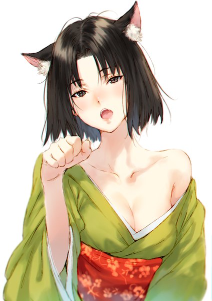 Anime picture 846x1198 with kara no kyoukai type-moon ryougi shiki makimura shunsuke single tall image looking at viewer blush fringe short hair breasts open mouth light erotic black hair simple background large breasts white background bare shoulders animal ears cleavage