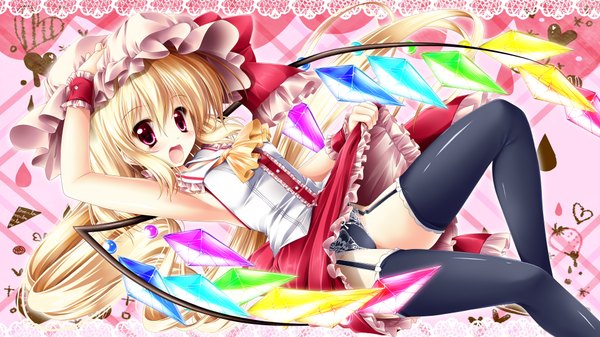 Anime picture 1920x1080 with touhou flandre scarlet kamiya tomoe single long hair highres open mouth light erotic blonde hair red eyes wide image girl thighhighs underwear panties black thighhighs wings frills bonnet crystal