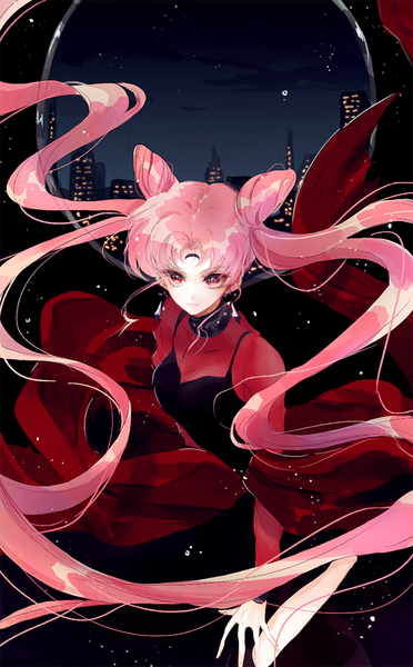 Anime picture 650x1048 with bishoujo senshi sailor moon toei animation chibiusa black lady ahma single tall image fringe twintails pink hair very long hair pink eyes from above night hair bun (hair buns) city facial mark cityscape girl dress