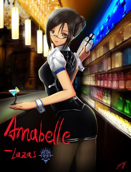 Anime picture 2425x3171 with original j orange single tall image looking at viewer highres short hair black hair inscription girl skirt glasses bottle