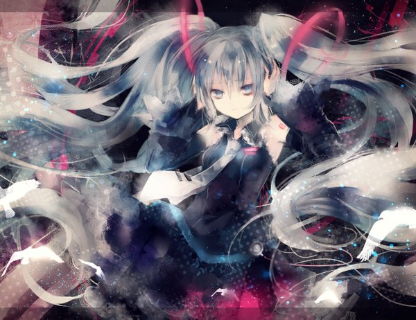 Anime picture 2500x1926 with vocaloid hatsune miku onineko single highres blue eyes twintails blue hair very long hair girl skirt detached sleeves animal necktie headphones bird (birds) feather (feathers)