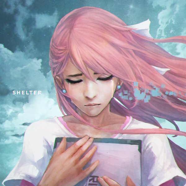 Anime picture 2475x2475 with shelter (music video) rin (shelter) monori rogue single long hair highres pink hair sky cloud (clouds) upper body eyes closed wind realistic copyright name tears girl bow hair bow earrings stud earrings