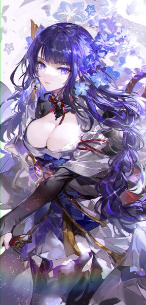 Anime picture 1200x2500 with genshin impact raiden shogun nevakuma (fanfanas) single long hair tall image looking at viewer fringe breasts light erotic large breasts standing purple eyes payot cleavage purple hair blunt bangs traditional clothes japanese clothes hair flower