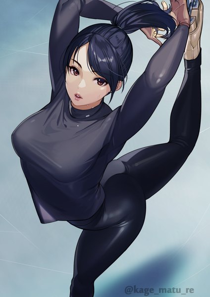 Anime picture 1736x2456 with original kagematsuri single long hair tall image looking at viewer fringe highres breasts open mouth black hair brown eyes signed ass ponytail long sleeves from above arms up teeth twitter username