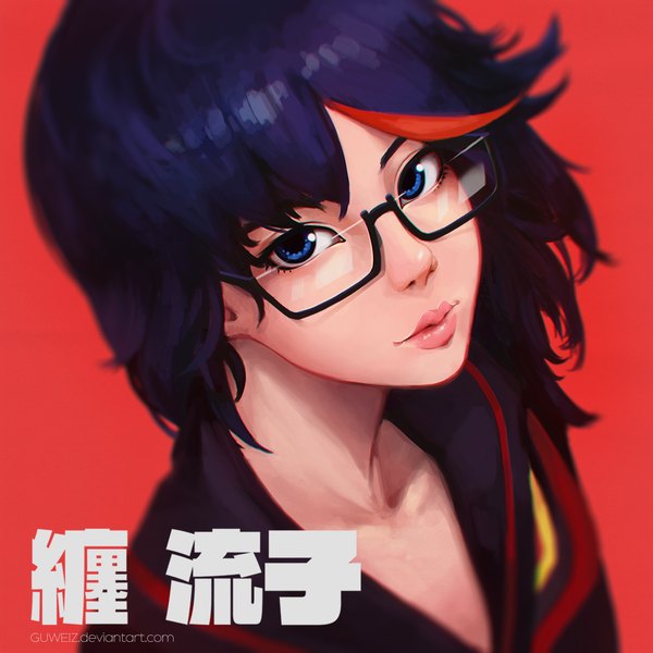 Anime picture 1000x1000 with kill la kill studio trigger matoi ryuuko guweiz single looking at viewer fringe short hair simple background purple eyes purple hair red hair multicolored hair lips two-tone hair streaked hair red background girl glasses clothes