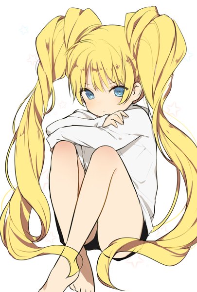 Anime picture 600x888 with lpip single tall image looking at viewer blush fringe blue eyes simple background white background twintails bent knee (knees) very long hair barefoot bare legs no shoes crossed legs drill hair girl shorts star (symbol)