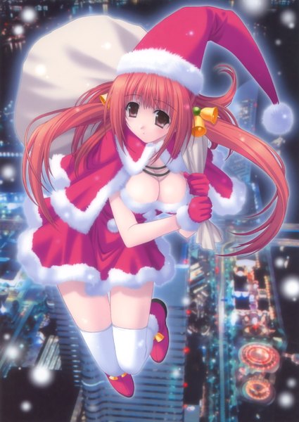 Anime picture 2087x2949 with long hair tall image highres light erotic red eyes cleavage red hair fur trim city christmas flying girl gloves fur santa claus hat santa claus costume