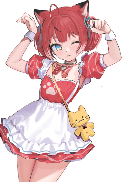 Anime picture 1276x1860 with virtual youtuber indie virtual youtuber akami karubi kanzarin (hoochikiss) single tall image looking at viewer short hair blue eyes simple background white background twintails animal ears ahoge red hair one eye closed wink cat ears puffy sleeves short twintails