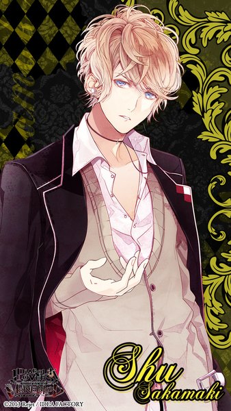 Anime picture 640x1136 with diabolik lovers idea factory sakamaki shuu satoi (artist) single tall image looking at viewer fringe short hair blue eyes blonde hair inscription open clothes open shirt boy uniform school uniform shirt sweater