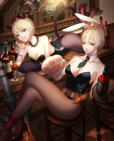 Anime picture 1546x1909 with league of legends riven (league of legends) battle bunny riven gu-ko citemer tall image looking at viewer short hair breasts light erotic blonde hair multiple girls brown eyes animal ears tail animal tail cat ears cat girl cat tail bunny ears bunny girl