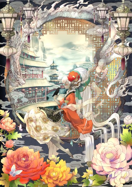 Anime picture 1200x1697 with gin (oyoyo) tall image highres sky cloud (clouds) white hair very long hair japanese clothes barefoot hair flower horn (horns) dark skin smoke mountain girl hair ornament flower (flowers) ribbon (ribbons) earrings animal