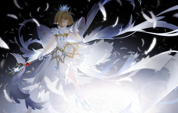 Anime-Bild 2000x1271 mit card captor sakura clamp kinomoto sakura nine (liuyuhao1992) single highres short hair brown hair holding full body ahoge eyes closed arm up wind high heels black background girl dress gloves flower (flowers)