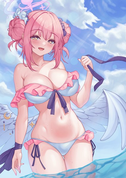 Anime picture 1200x1697 with blue archive mika (blue archive) pcreambang single tall image looking at viewer blush fringe short hair breasts open mouth light erotic smile hair between eyes large breasts standing yellow eyes payot pink hair sky