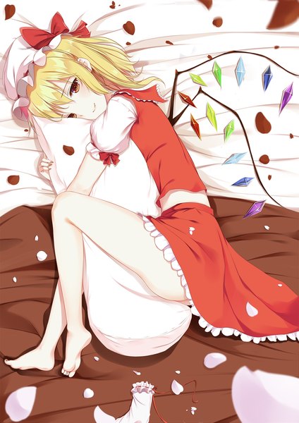 Anime picture 1400x1980 with touhou flandre scarlet flan (seeyouflan) single tall image looking at viewer blonde hair smile red eyes brown eyes full body ass barefoot fingernails midriff fang (fangs) legs hug sharp fingernails pillow hug