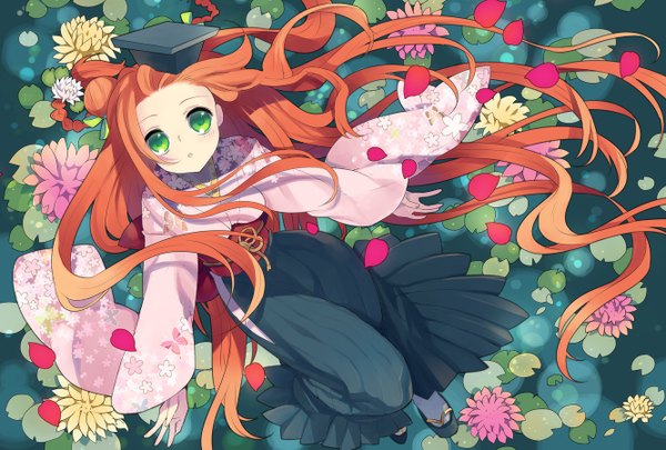 Anime picture 1332x900 with original rugo single long hair looking at viewer green eyes orange hair girl dress flower (flowers) hat petals