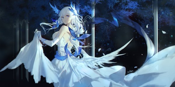 Anime picture 2126x1063 with azur lane illustrious (azur lane) illustrious (illustrious ballroom) (azur lane) swd3e2 single long hair looking at viewer fringe highres blue eyes wide image bare shoulders holding signed outdoors white hair blunt bangs looking back light smile from behind
